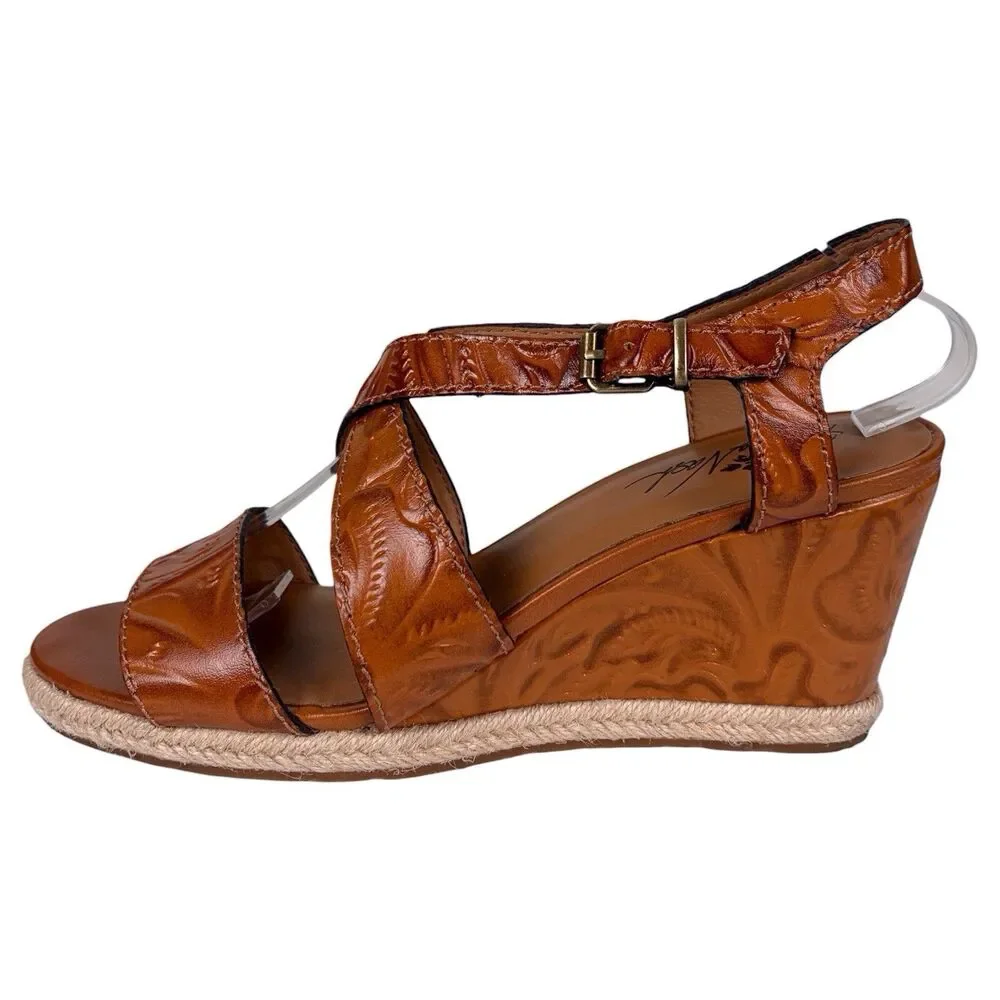 Patricia Nash Rafa Tooled Leather Espadrille Wedge Sandals Whiskey Size 10